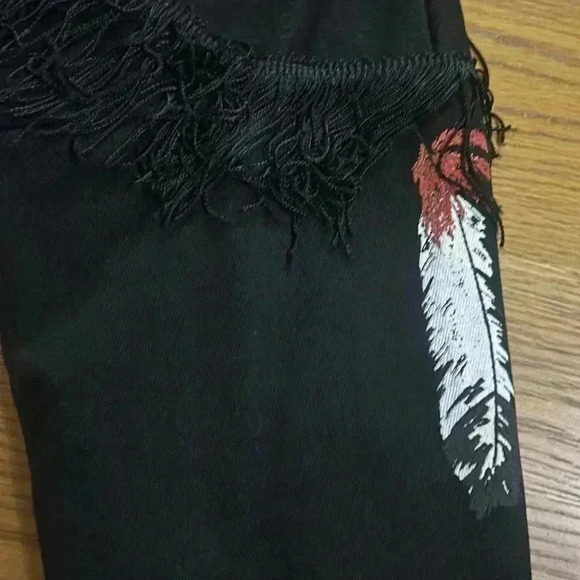 Fringe, cropped, hand painted feather sleeves, 100% cotton denim button coat Med - Picture 6 of 9